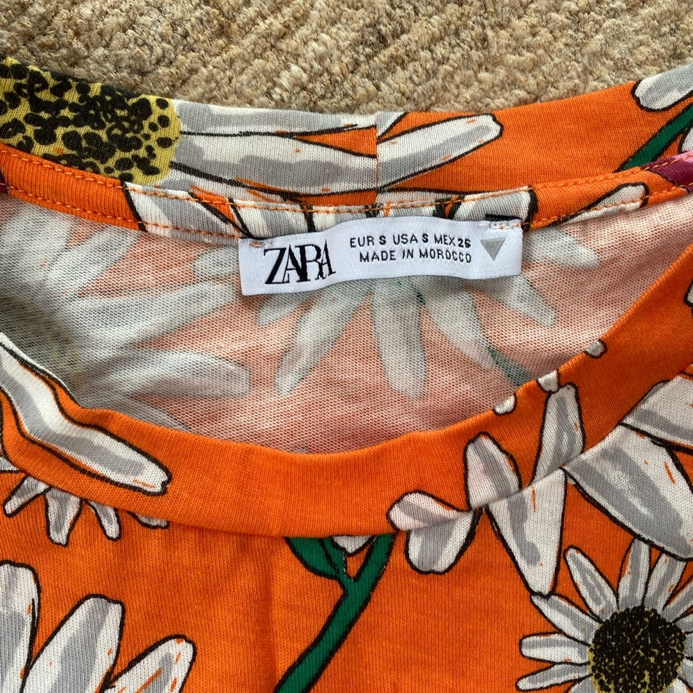 Zara Orange Floral Short Sleeve Dress with Pink & White Flowers - Picture 3 of 4